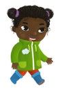 cartoon child kid girl taking off or putting on winter autumn rainy clothes by him self childhood illustration for children Royalty Free Stock Photo