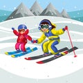 Cartoon child showing girl how to ski fast