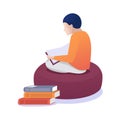 Cartoon Child Sitting on Soft Pouf Read Book Along