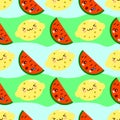 Cartoon childish fruits of lemon and watermelon in kawaii style, with smiling faces, flowers of lemon and green leaves