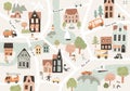 Cartoon childish town city print.Vector childish doodle style seamless pattern.