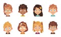 Cartoon children avatars. Joyful preschool smiling multiethnic kids, profile portrait young happy school girl and boy