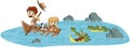 Cartoon children on a boat running from alligators.