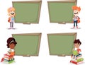 Cartoon children with books in front of green chalkboard blackboard. Royalty Free Stock Photo
