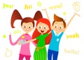 Cartoon children character. Kids smile, make selfie. Happy girls and boy enjoy taking selfie with photo camera. Child Royalty Free Stock Photo