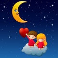 Cartoon children on the cloud with a heart and moon Royalty Free Stock Photo