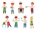 Cartoon children cooks. Little chief cook, child cooking food and young kitchen chiefs vector illustration set