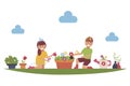 Cartoon children farmers work in the garden or farm. Plant flowers. Vector illustration