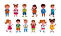 Cartoon children. Happy girls and boys, cute school or kindergarten students, multicultural people. Kids waving hands Royalty Free Stock Photo