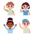 Cartoon children hello by waving hands. Different female and male smiling kids with welcoming gesture