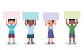 Cartoon Children Holding Up Blank Sign Paper or Poster above their Head. Empty Place Card For Text Illustration Royalty Free Stock Photo