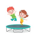 Cartoon Children Jumping On Trampoline On White Background Vector Illustration.