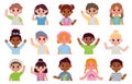 Cartoon children multiethnic characters hello by waving hands. Kids smiling portraits. Happy kindergarten boys and girls Royalty Free Stock Photo