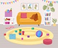 Cartoon children play nursery room, kindergarten interior. Kids playroom with cozy carpet, baby leisure rug room vector Royalty Free Stock Photo