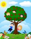 Cartoon children playing Illustration in an apple tree Royalty Free Stock Photo