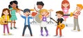 Cartoon children playing on a rock`n`roll band