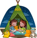 Cartoon children reading books inside a tent.