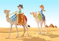 Cartoon children riding camels through the sand dunes in the desert.