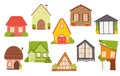 Cartoon children`s homes in bright colors. Vector set of houses in pink, green, gray for childrens banners, cards, labels