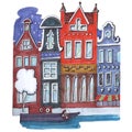 Cartoon children`s style hand drawing city amsterdam europe river houses with windows colorful markers illustration Royalty Free Stock Photo