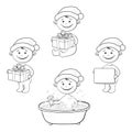 Cartoon children in Santa hat, outline