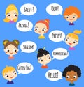 Cartoon children speaking different languages. Boys and girls of world ethnicity talking. kids saying hello in native language