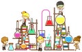 Cartoon children student are studying chemistry, working