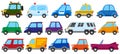 Cartoon children toy cars, cute play transport. Kids toy car, truck, ambulance and police car vector illustration set