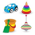 Cartoon children's toys set, whirligig, pail and shovel, car, pyramid. Vector illustration Royalty Free Stock Photo