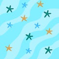 Cartoon childrens background. Starfishes on a blue background.