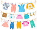 Cartoon childrens clean clothes dry hanging ropes. Kids cute garments shorts, dresses, shirts hanging clothesline vector Royalty Free Stock Photo