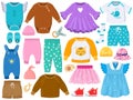Cartoon childrens fashion outfits clothes, shoes, hats. Baby clothes elements, pants, dress, romper, panama vector