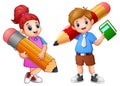 Cartoon childrens holding a pencil Royalty Free Stock Photo