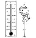 Cartoon of Chilled Man Looking at Big Celsius Thermometer Showing Low Temperature