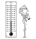 Cartoon of Chilled Man Looking at Big Fahrenheit Thermometer Showing Low Temperature