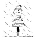 Cartoon of Chilled Man or Tourist Standing in Water in Cold Weather Out of Season