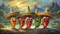 cartoon chilli peppers wearing sombreros Royalty Free Stock Photo