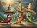 cartoon chilli peppers wearing sombreros Royalty Free Stock Photo