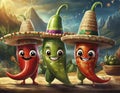 cartoon chilli peppers wearing sombreros Royalty Free Stock Photo