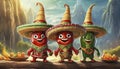 cartoon chilli peppers wearing sombreros Royalty Free Stock Photo