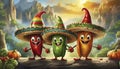 cartoon chilli peppers wearing sombreros Royalty Free Stock Photo