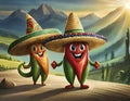 cartoon chilli peppers wearing sombreros Royalty Free Stock Photo