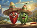 cartoon chilli peppers wearing sombreros