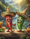 cartoon chilli peppers wearing sombreros Royalty Free Stock Photo
