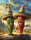 cartoon chilli peppers wearing sombreros Royalty Free Stock Photo