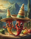 cartoon chilli peppers wearing sombreros Royalty Free Stock Photo