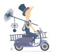 Cartoon chimney sweeper rides on the scooter