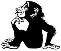 Cartoon Chimp in thinker profile. Black and white