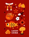 Cartoon China card. Asian holiday celebration. Traditional prosperity symbol. Oriental festival. Travel in Asia. Temple