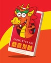 Cartoon chinese dragon popping out from mobile phone greeting chinese new year 2024 lunar
